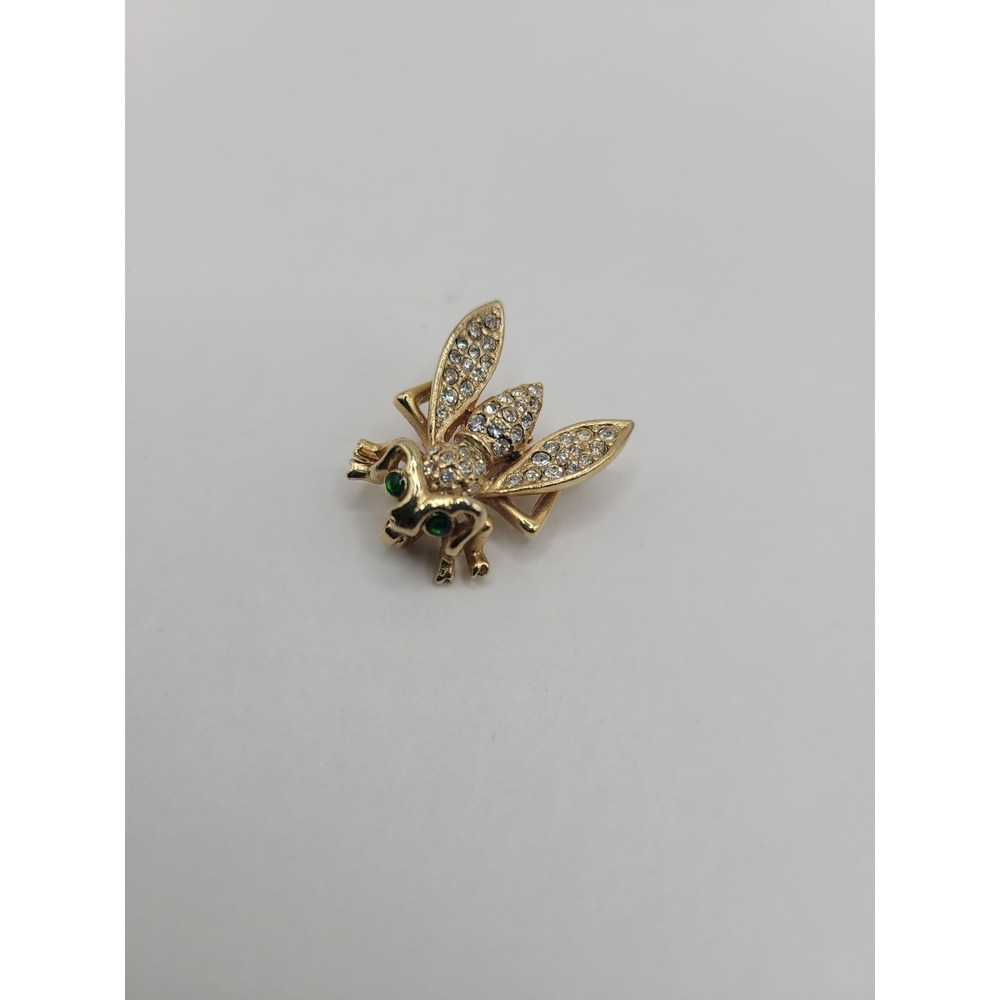 Vintage Rhinestone Fly Brooch Gold Tone Green Eyes Insect Figural Pin - Picture 4 of 11